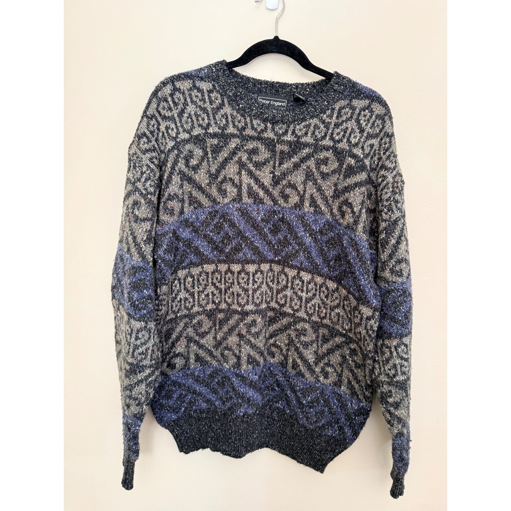 Peter England Mens Vintage Geometric Knit Crewneck Sweater Gray Blue Large